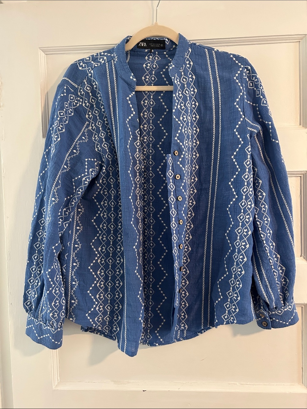 Zara Blue White Embroidered Button-Up Shirt